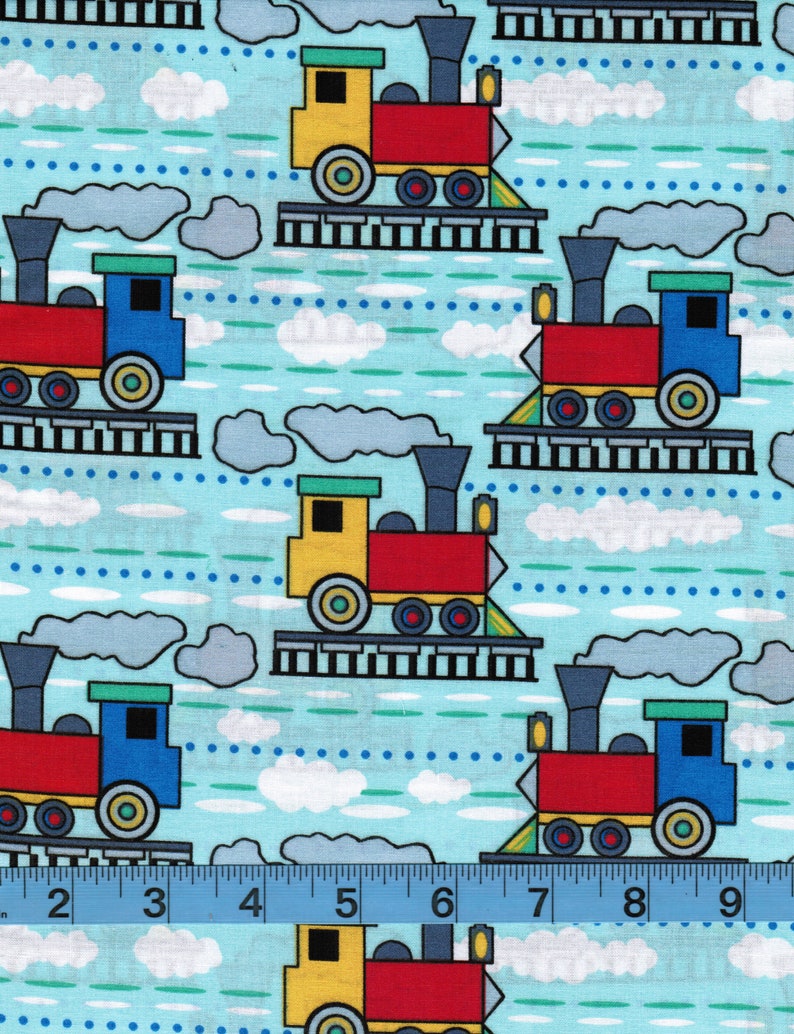 100/% Cotton Apparel Home Decor Craft Projects 12 or 1 Yard Each Trains on Blue and Small Dot Tone on Tone Red Fabric Bundle Quilting