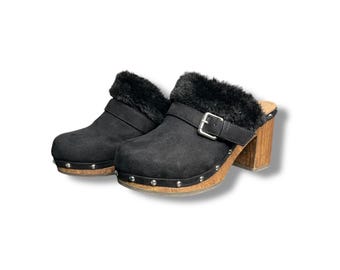 Union Bay Wooden Clog Y2K 8 Black Vintage Retro Heeled Boot Fur Lined