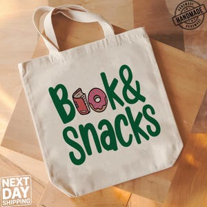 Book & Snacks Canvas Bag - Canvas Tote - Big Canvas Tote Bag - Canvas Bag - Canvas Shopper Bag - Large Tote Bag - School Bag