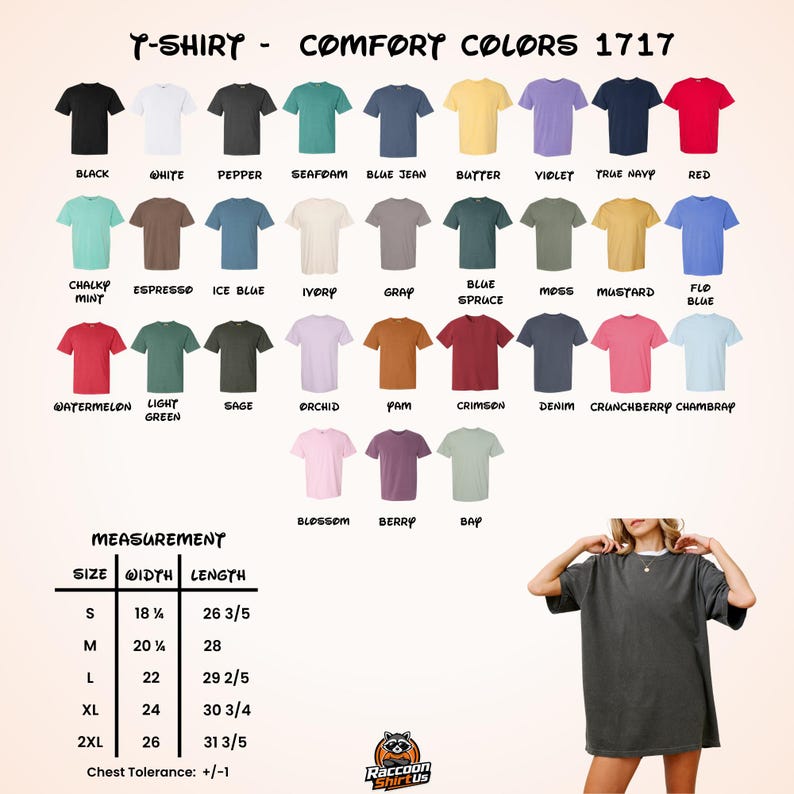 May include: A color chart for Comfort Colors 1717 t-shirts displaying thirty-one solid color options with labels including black, white, pepper, seafoam, blue jean, butter, violet, navy, red, mint, espresso, ice blue, ivory, gray, spruce, moss, mustard, and blue.