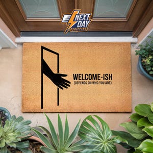 Welcome-ish Depends on Who You Are Extra Large Doormat, Natural Eco-Friendly Coir Rubber Double Door Mat, Plastic Free Boho Funny Welcome