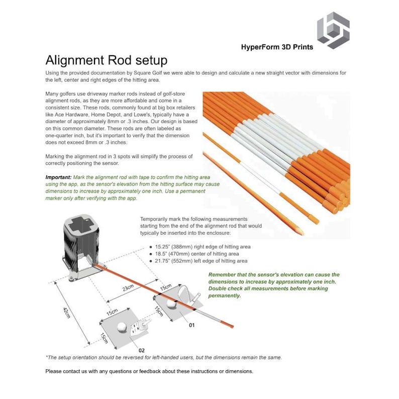 May include: Diagram showing how to set up an alignment rod for a golf simulator. The diagram shows the rod with three markings, 388mm, 470mm, and 552mm. The diagram also includes a note that the sensor's elevation can cause the dimensions to increase by approximately one inch.