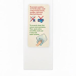 May include: A white rectangular product with a beige label. The label has text and illustrations about cleaning. The text advises against using abrasive towels, sponges, and harsh chemical cleaners. It also recommends using a microfiber cloth and soap.
