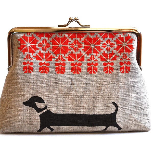 Natural linen purse with dachshund and folk frieze