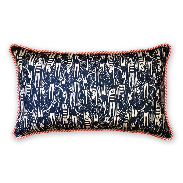 Rectangular Pillow Cushion Cover Slip Sham Screen Printed Bondi Swimmers Design Navy Stripe Piping Seaweed Nautical Home Decor Australia