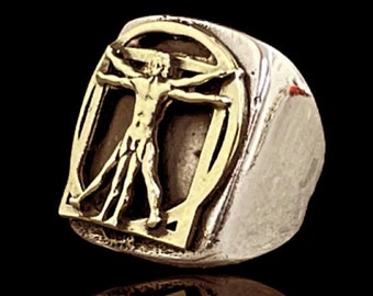 Leonardo da vinci Vitruvian Mexican Style signet ring Silver Sterling 925 brass by ezi zino