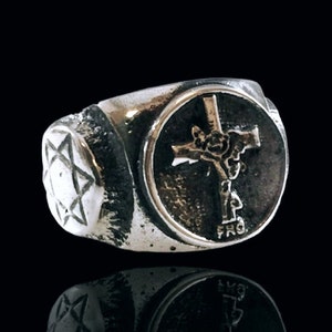 Nuovo anello in argento sterling massiccio Rosacrociano ROSE CROIX F.R.C di Ezi Zino