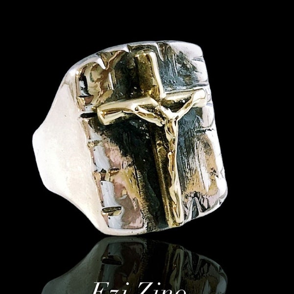 Original Ezi Zino | Gekreuzigter Jesus Christus Messing & massiv Sterling Silber 925 Ring