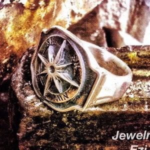 Compass Signet Ring Solid Silver Sterling 925 By EZI ZINO