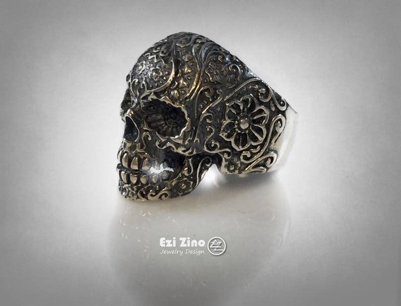 sugar skull pack FLOWER FINGER punk sterling silver biker OUTLAW ring all size that you want image 3