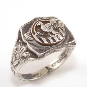 Vintage WWII Sterling Silver Military Ruptured Duck Mens Ring Size 11.5