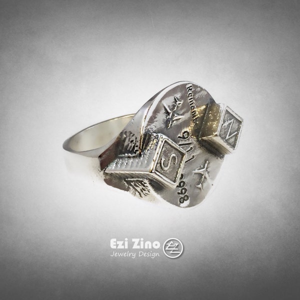 ezi zino : never forget  9/11 world trade CENTER COMMEMORATIVE Twin Towers ring sterling 925
