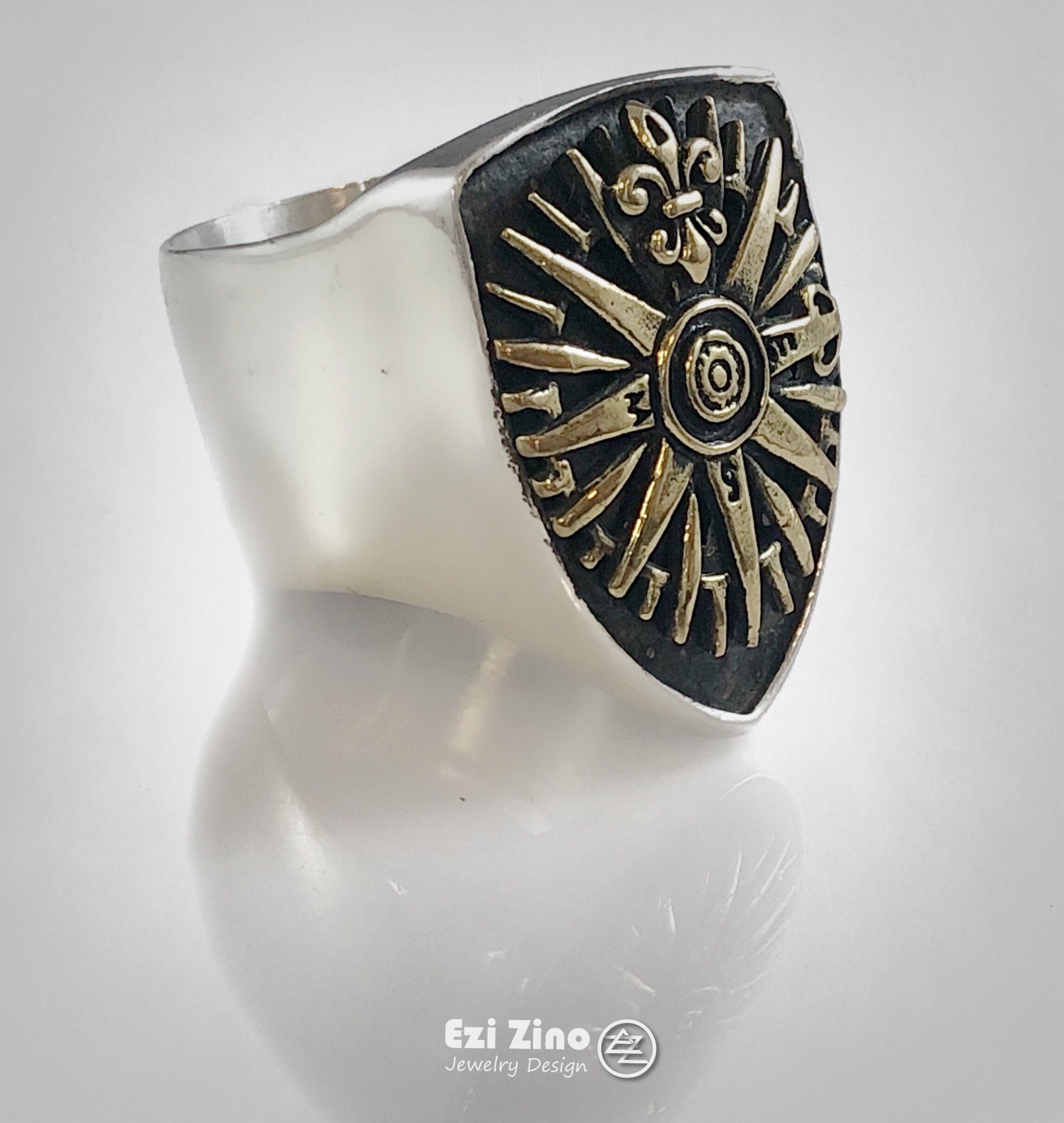 Original Ezi Zino | Vintage Compass Fleur de Lis Brass & Solid Sterling Silver 925 Shield Ring