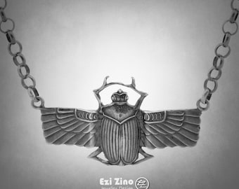 Original Ezi zino Egypt Scarab Beetle Oxide rolo Chain necklace Pendant Handmade solid Sterling Silver 925