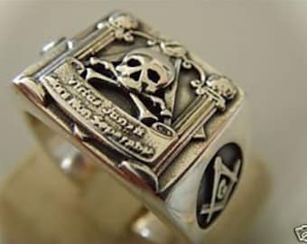 Ezi Zino Masonic Skull and Pillars Freimaurer Sterling Silver Ring 925