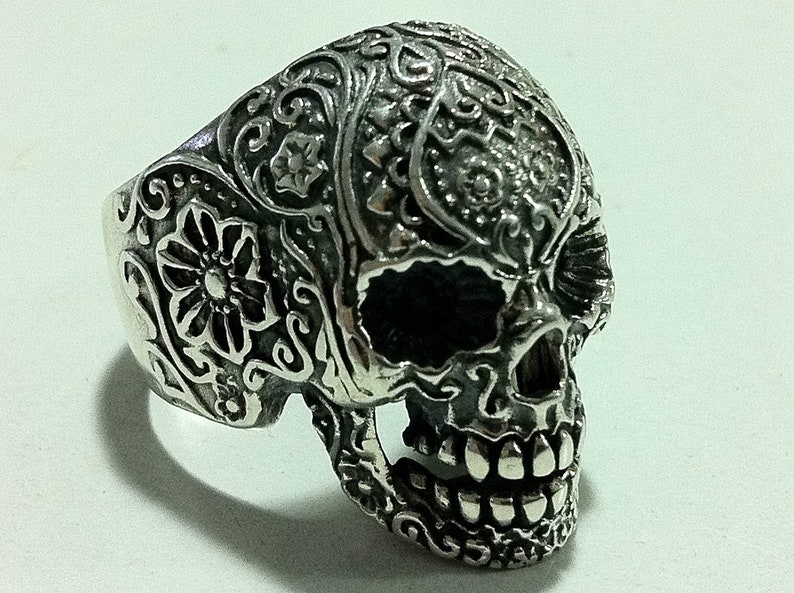 sugar skull pack FLOWER FINGER punk sterling silver biker OUTLAW ring all size that you want image 5