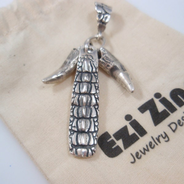 Original Ezi zino Crocodile alligator Crocodile teeth  Pendant Handmade solid Sterling Silver 925