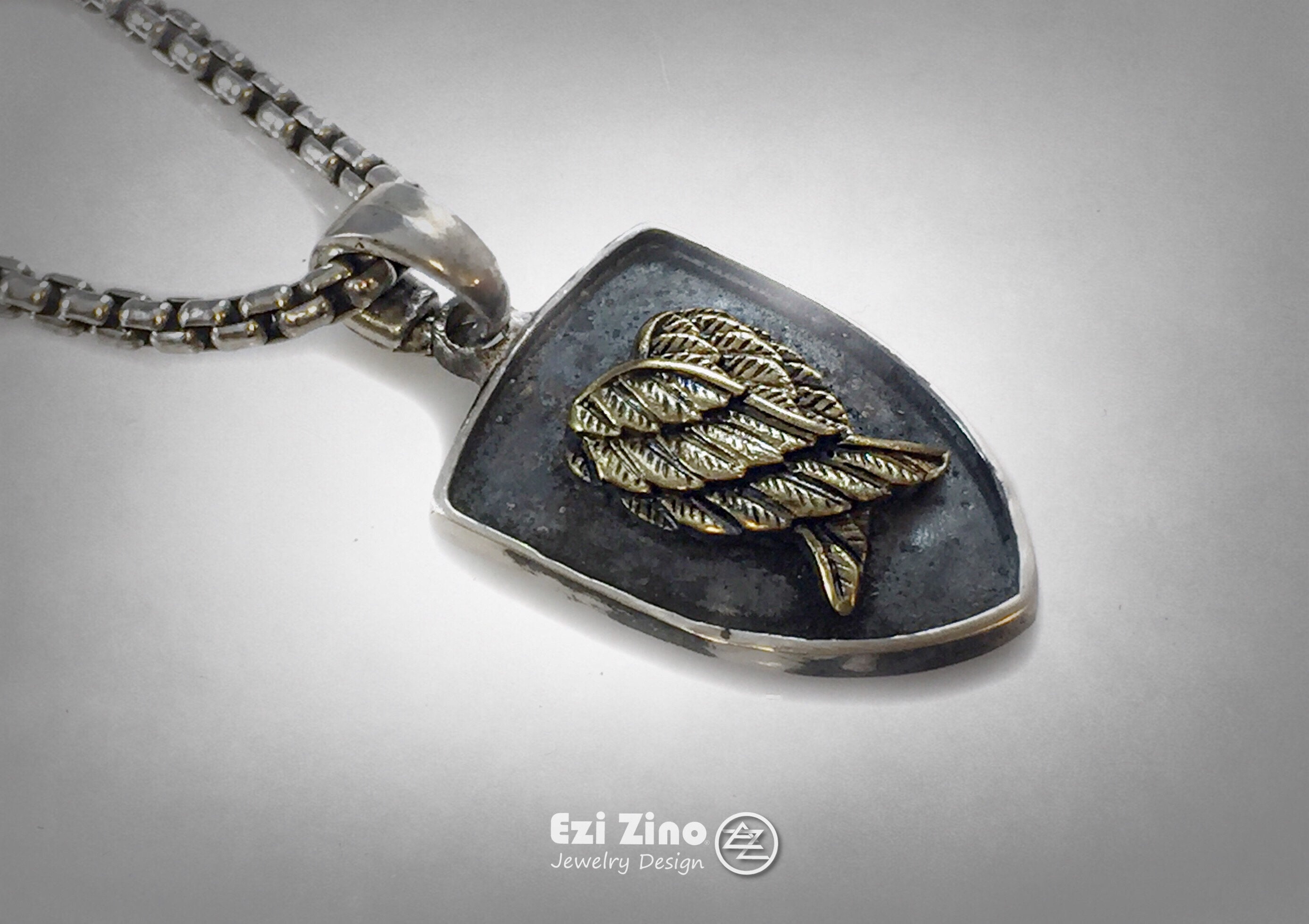 Original Ezi Zino | Owl Wings Brass & Sterling Silver 925 Shield Dog Tag Pendant