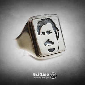Pablo Escobar BOSS maffia Medellín kartel drugsbaron ring massief sterlingzilver 925 door Ezi Zino
