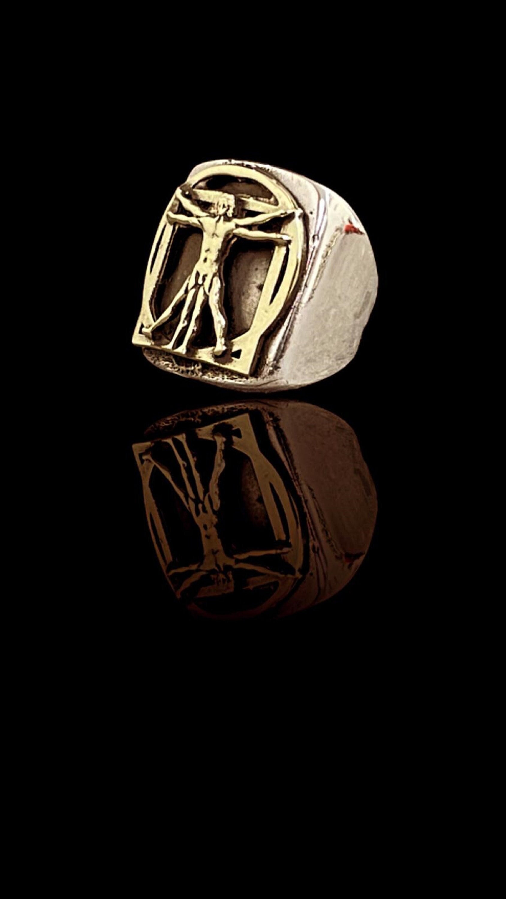 Leonardo da vinci Vitruvian Mexican Style signet ring Silver Sterling 925 brass by ezi zino