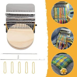 May include: A metal and wood weaving loom with a circular wooden base. The loom has a series of hooks and a needle, along with several gold-colored clasps. The image also shows examples of woven projects with colorful threads.