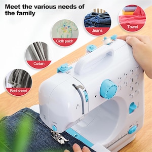 Mini Sewing Machine with Expansion Board, 11 Presser Feet, 97pc Kit (US 110V Blue)