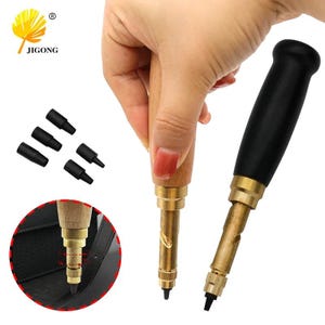 May include: A leather craft hole punch tool featuring a wooden handle and a black handle, both with brass metal shafts and interchangeable black tips. The tool is shown with four additional black tips and a circular inset demonstrating usage.
