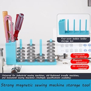 May include: A light blue plastic sewing machine storage tool with four vertical posts holding silver metal bobbins. The base includes a compartment for tools like a pink seam ripper and a red screwdriver. Text on the image includes Four-post bobbin holder storage box, Convenient for storage, Magnetic adsorption, No installation required, and Universal for industrial sewing machines, old-fashioned treadle machines, and household sewing machines.