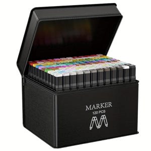 May include: A black rectangular carrying case with an open lid containing 120 markers arranged in rows. The front of the case features the white text MARKER, 120 PCS, and a graphic icon of two markers. The markers have black caps and colored ends.