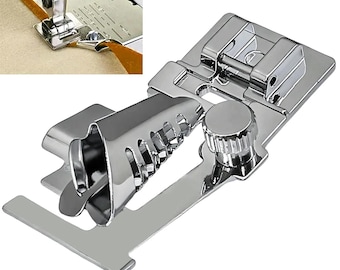 May include: A silver-toned metal sewing machine presser foot attachment featuring an adjustable bias tape binder guide with a screw mechanism for fabric alignment, shown both as a standalone component and installed on a machine.