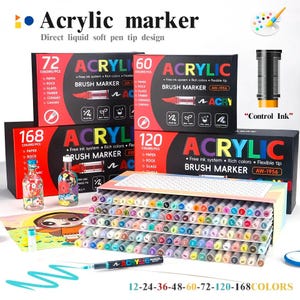 May include: A collection of acrylic brush markers in various colors, displayed in a box. The image shows multiple boxes with different quantities of markers, ranging from 60 to 168 colors. The text on the boxes reads "Acrylic Brush Marker".
