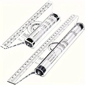 May include: Two clear plastic rolling rulers featuring integrated cylindrical drums with printed mathematical formulas, circular area calculations, and measurement scales in inches and centimeters. Each tool includes a protractor and black end caps.