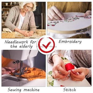Puede incluir: Un collage de im&aacute;genes que muestran actividades de costura. Arriba a la izquierda, una persona mayor trabajando con tela. Arriba a la derecha, bordado en un bastidor. Abajo a la izquierda, una m&aacute;quina de coser en uso, y abajo a la derecha, costura a mano. Texto: "Needlework for the elderly", "Embroidery", "Sewing machine", y "Stitch".