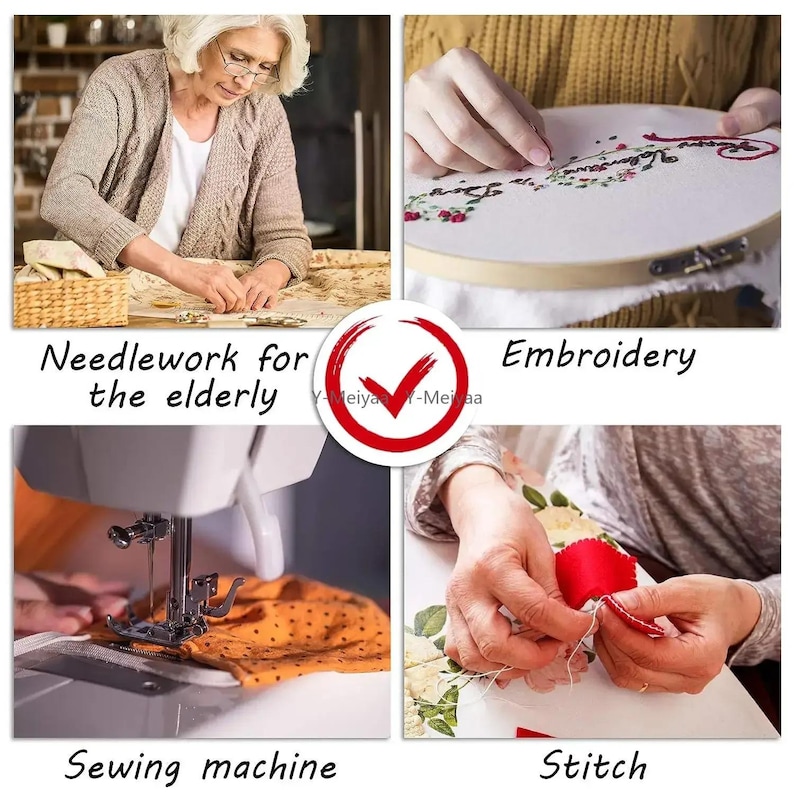 Puede incluir: Un collage de im&aacute;genes que muestran actividades de costura. Arriba a la izquierda, una persona mayor trabajando con tela. Arriba a la derecha, bordado en un bastidor. Abajo a la izquierda, una m&aacute;quina de coser en uso, y abajo a la derecha, costura a mano. Texto: "Needlework for the elderly", "Embroidery", "Sewing machine", y "Stitch".
