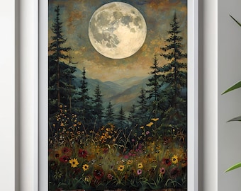 Mystic Moon Forest Print, Wildflower Mountain Art, Boho Night Landscape (Digital Download)