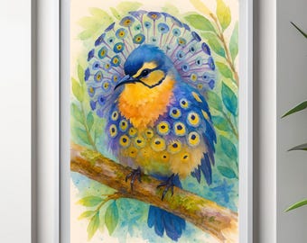 AuroraBird Watercolor Print, Vibrant Botanical Bird Illustration (Digital Download)