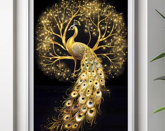 Luxury Gold Peacock Wall Art, Elegant Golden Bird Print, Glam Home Decor (Digital Download)