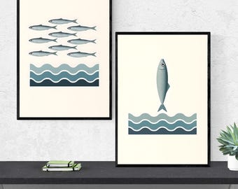 Sardine Print Set of 2, Minimalist Fish Wall Art, Coastal Kitchen Decor, Mediterranean Nautical Prints (Digital Download)