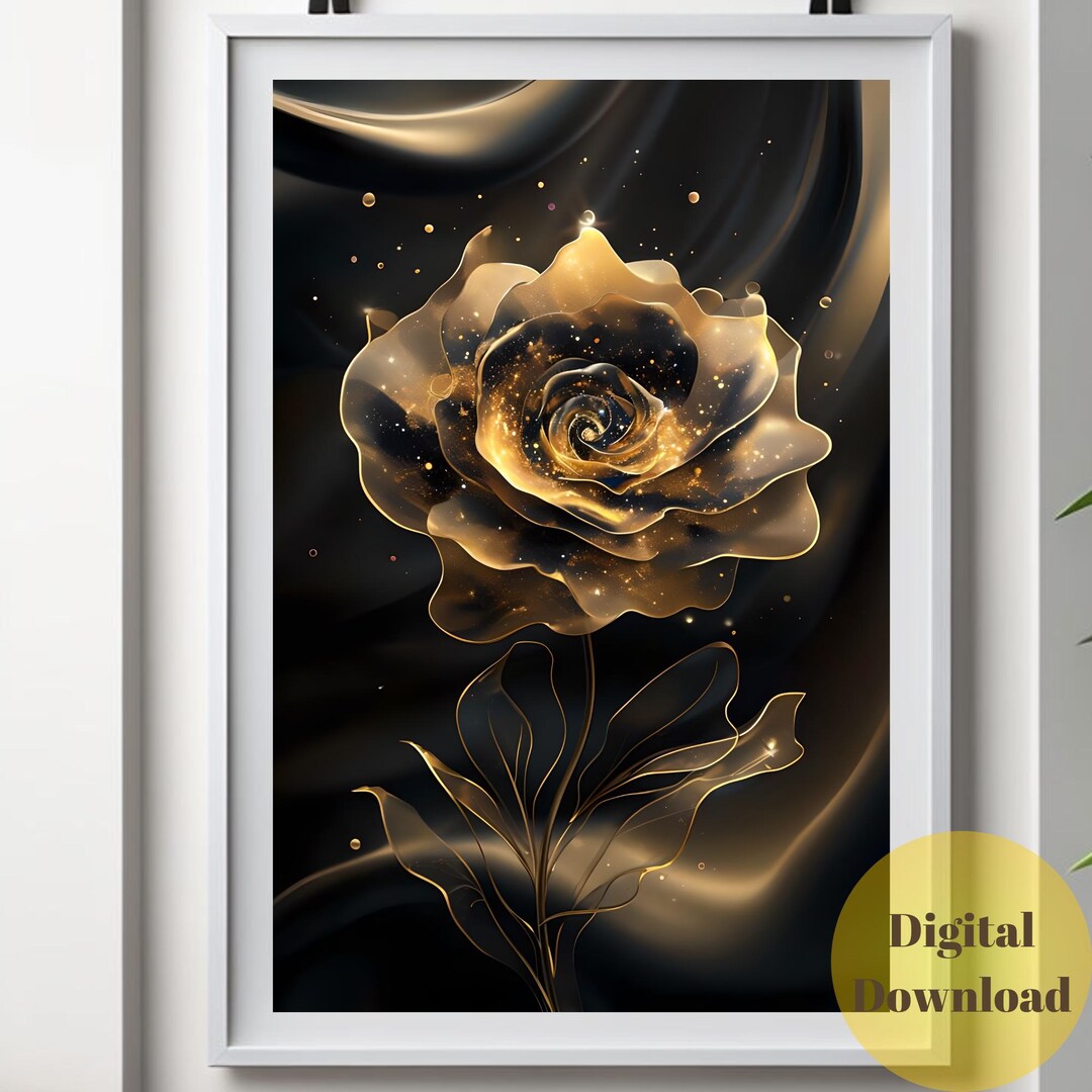 Luxury Gold Rose Wall Art Printable – Elegant Black and Gold Floral ...