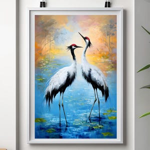 Japanese Crane Painting: Red Crowned Bird, Blue Sunset Water Landscape (Digital Download)
