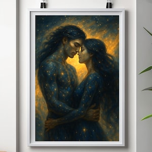 Celestial Lovers Wall Art – Romantic Cosmic Couple Poster | Starry Night Fantasy Print (Instant Download)