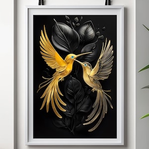 Arte mural de pájaros dorados: elegante decoración para el hogar en negro y dorado, póster de pájaros de lujo, impresión minimalista moderna, regalo sofisticado de arte mural.