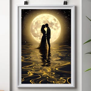 Romantic Moonlight Couple Wall Art – Lovers Silhouette Print, Full Moon Night, Water Reflection Poster