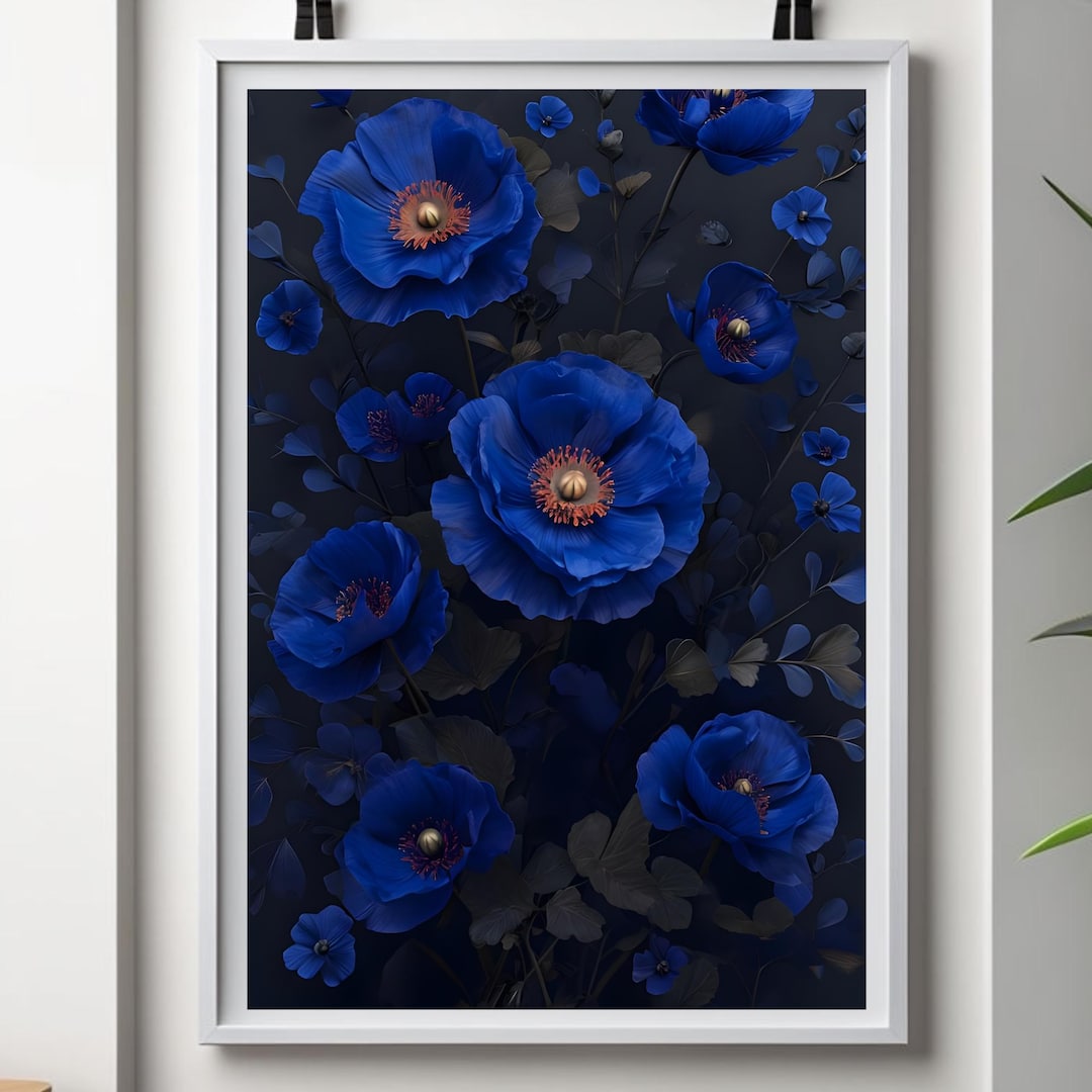Royal Blue Poppy Art Print: Dark Botanical Wall Decor (digital Download ...