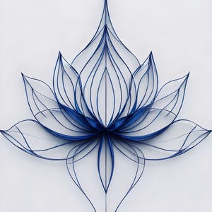 May include: A detailed, artistic rendering of a blue lotus flower against a white background. The flower's petals are formed from layered, curved lines, creating a three-dimensional effect. The color is a deep, vibrant blue.