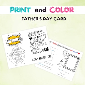 Tarjeta del Día del Padre DIY para niños, actividad del Día del Padre para niños, tarjeta temática de superhéroes, tarjeta para colorear imprimible para papá, papá, hijo e hija.
