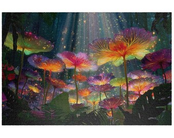 Vibrant Neon Fantasy Mushroom Forest 1000+-Piece Jigsaw Puzzle, Glow in Dark, Botanical Art, Enchanted Garden, Surreal Nature Scene