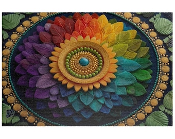 Vibrant Rainbow Mandala Puzzle with 3D Petals, Central Turquoise Gem, and Intricate Beaded Border - Unique Art Jigsaw Puzzle