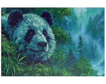 Cute Panda in Lush Forest Jigsaw Puzzle - Wildlife Art, Nature Lovers Gift, Bamboo Landscape, Misty Mountains