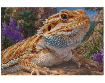 Philosophical Bearded Dragon Jigsaw Puzzle, Desert Landscape, Vibrant Purple Flowers, 1000+ Pieces, Desert Wildlife Art, New Mexico